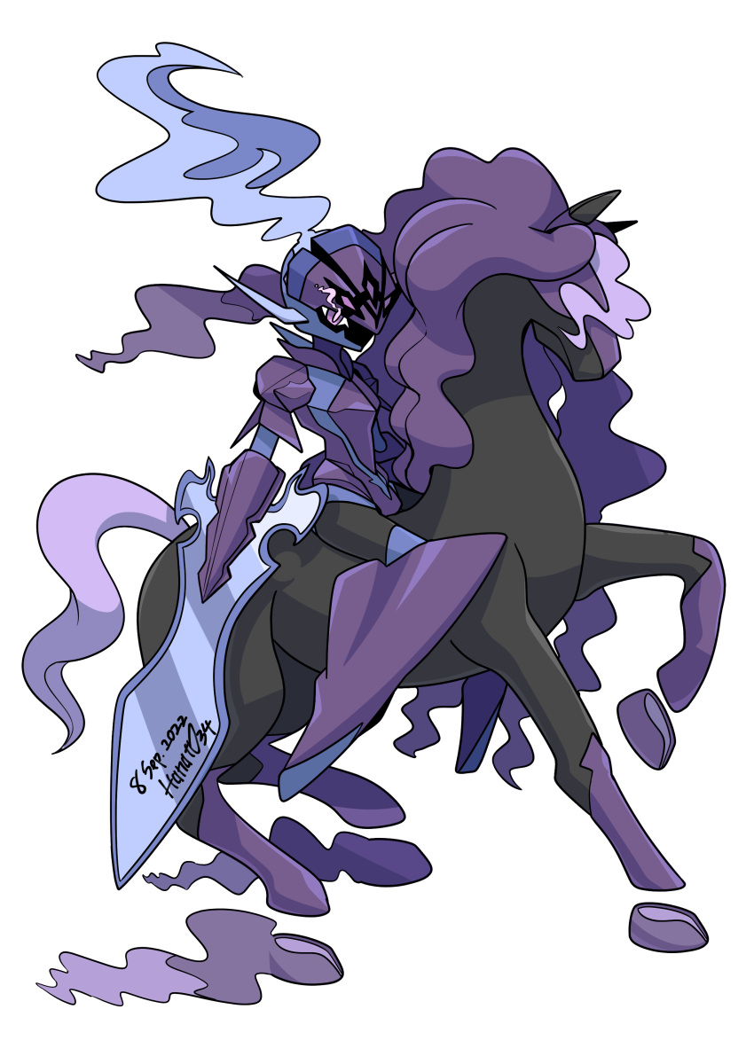 1other, absurdres, arm_blade, armor, armored_boots, artist_name, black_skin, blue_hair