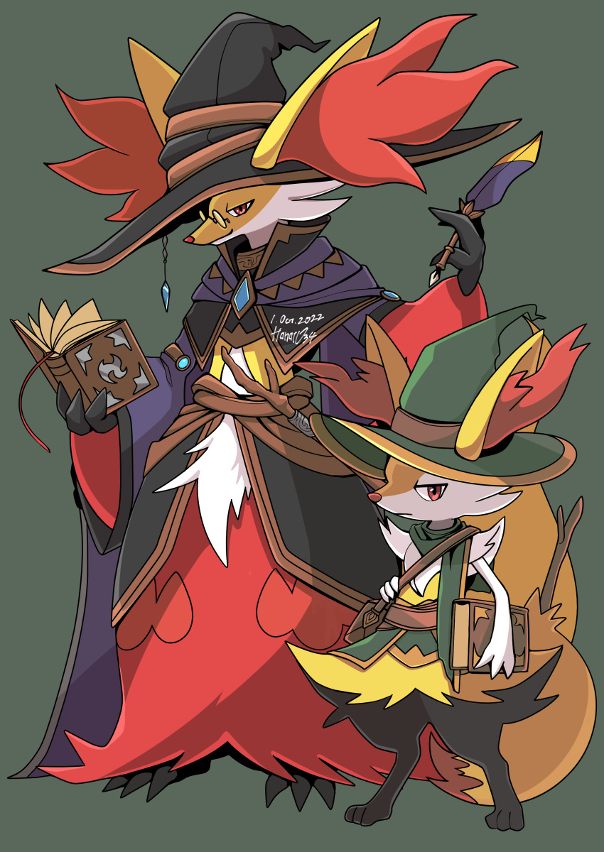 2others, absurdres, animal_ear_fluff, animal_ears, animal_feet, animal_nose, arm_at_side, arm_up, artist_name, asymmetrical_sleeves, bag, black_capelet, black_fur, black_headwear, blue_gemstone, body_fur, book, bookmark, braixen, brooch, capelet, cloak, closed_mouth, clothed_pokemon, commentary_request, dated, delphox, ears_through_headwear, fox_ears, fox_tail, full_body, fur_collar, furry, gem, green_background, green_headwear, green_scarf, half-closed_eyes, hanato_yousei, hand_up, happy, hat, highres, holding, holding_quill, jewelry, long_sleeves, looking_at_viewer, multicolored_fur, multiple_others, open_book, other_focus, pokemon, pokemon_(creature), purple_cloak, quill, red_eyes, red_fur, sash, scarf, shoulder_bag, signature, simple_background, smile, snout, standing, stick, tail, uneven_sleeves, waist_cape, white_fur, wide_sleeves, witch_hat, yellow_fur