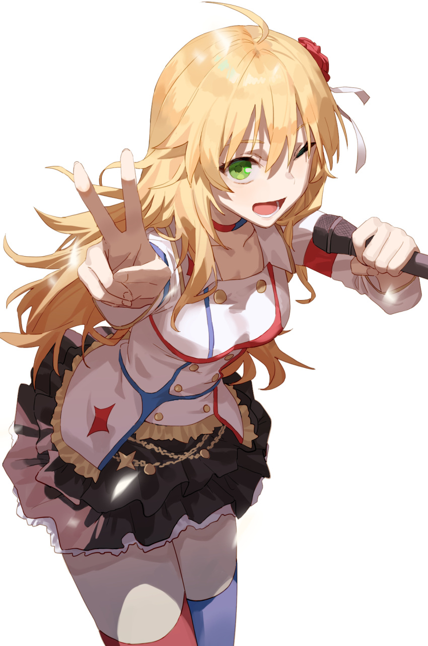 1girl, ;d, ahoge, asymmetrical_legwear, black_skirt, blonde_hair, breasts, collarbone
