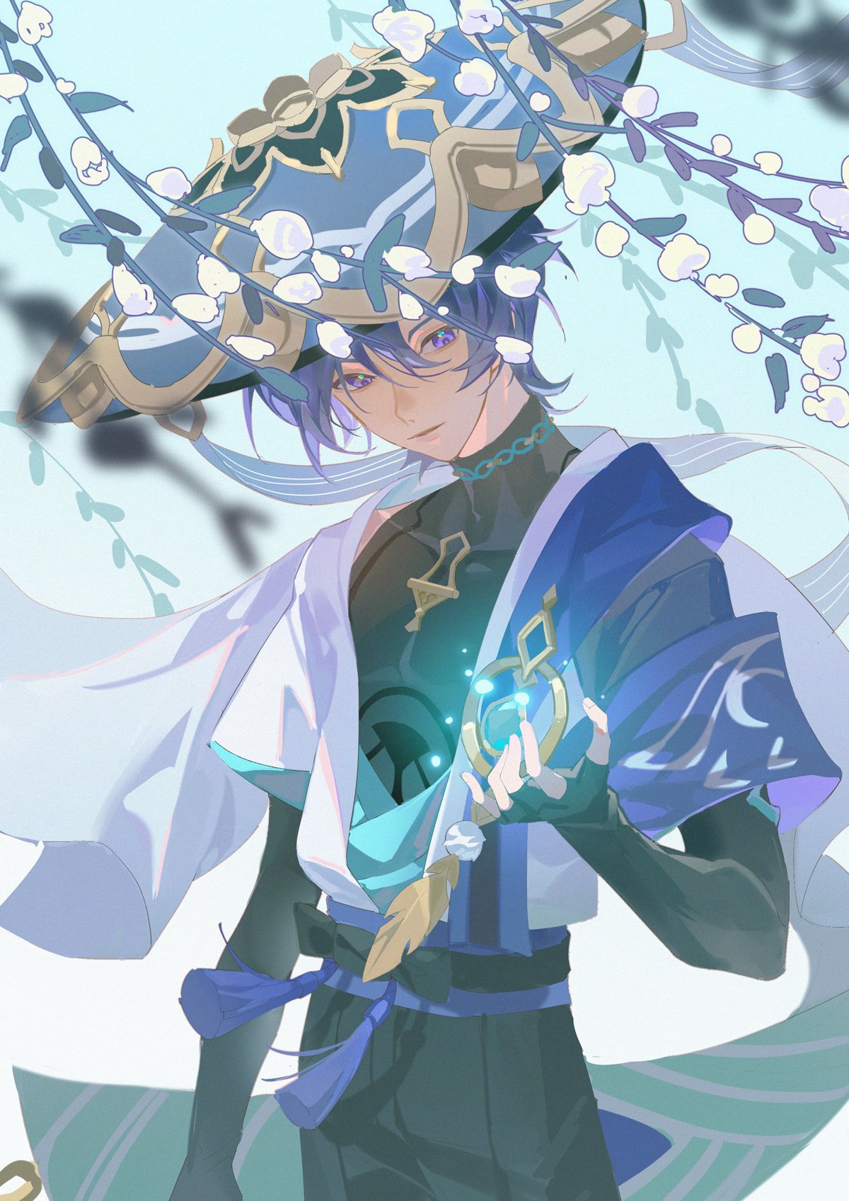 1boy, bishounen, blue_sky, cowboy_shot, feathers, gauntlets, genshin_impact, hand_up, hat, highres, japanese_clothes, m_iumiu1224, male_focus, outdoors, purple_hair, scaramouche_(genshin_impact), short_hair, sky, solo, tree, vision_(genshin_impact), wanderer_(genshin_impact)