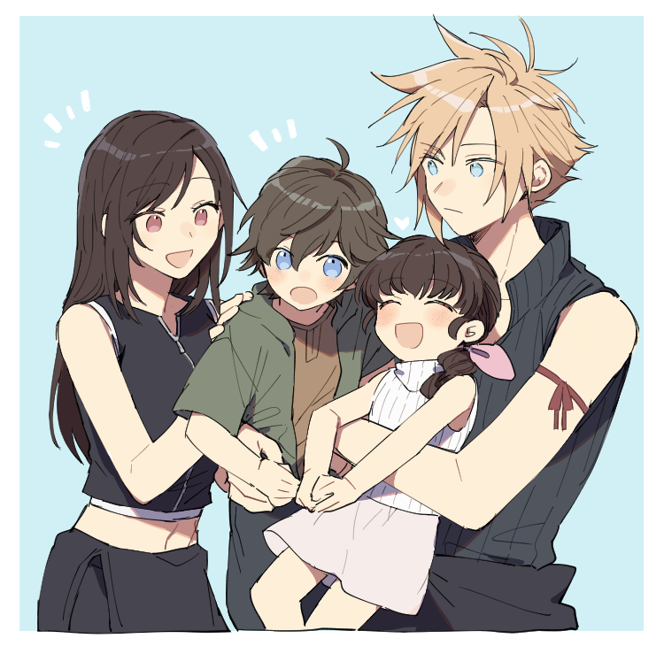 2boys, 2girls, apron, arm_ribbon, bangs, bare_shoulders, black_hair, blonde_hair
