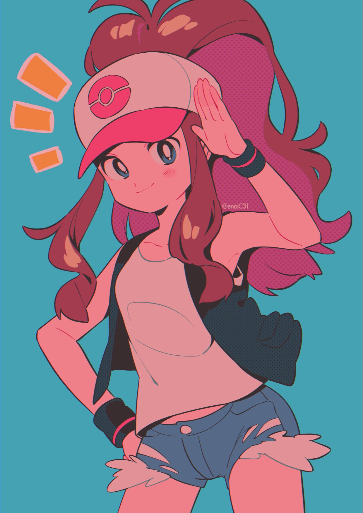 1girl, antenna_hair, arm_up, armpits, artist_name, bangs, black_vest, blue_background, blue_eyes, blue_shorts, blush, breasts, brown_hair, closed_mouth, collarbone, grey_headwear, grey_shirt, hair_between_eyes, hand_on_hip, hand_up, hat, highres, hilda_(pokemon), long_hair, looking_at_viewer, medium_breasts, menma_(enaic31), multicolored_hair, open_clothes, open_vest, pink_hair, pink_headwear, pokemon, ponytail, shirt, short_shorts, shorts, sidelocks, simple_background, sleeveless, sleeveless_shirt, smile, solo, standing, t-shirt, tomboy, two-tone_hair, vest, watermark, wristband
