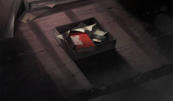 arknights, box, harmonica, miarow_(arknights), no_humans, notebook, sticky_note