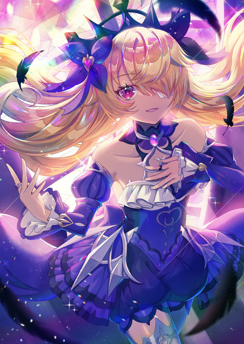bare_shoulders, bird, black_feathers, blonde_hair, bow, bowtie, breasts, chuunibyou, collar, crow, crown, detached_sleeves, dress, eyepatch, feathers, fischl_(genshin_impact), frilled_dress, frills, genshin_impact, glitter, hair_ribbon, hand_on_own_chest, high_heels, highres, jewelry, long_hair, princess_dress, purple_bow, purple_bowtie, purple_ribbon, raymond_busujima, red_eyes, ribbon, ring, shiny, single_thighhigh, small_breasts, thigh-highs, two_side_up, vision_(genshin_impact), white_thighhighs