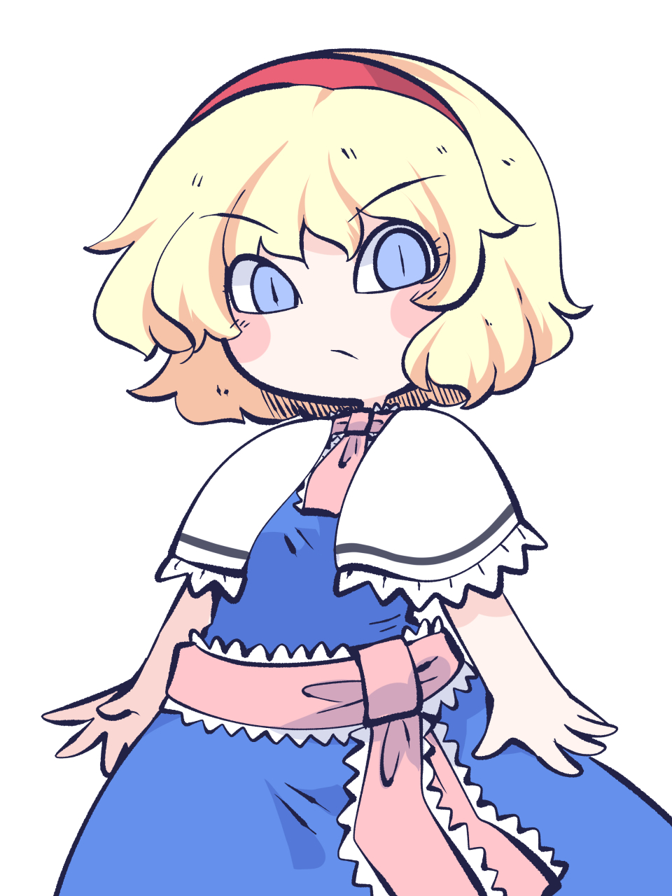 1girl, alice_margatroid, blonde_hair, blue_dress, blue_eyes, blush_stickers, capelet, closed_mouth