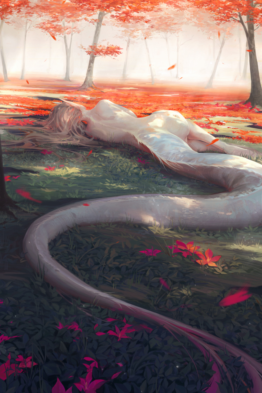 1girl, absurdres, autumn_leaves, body_fur, brown_hair, commentary, completely_nude, day