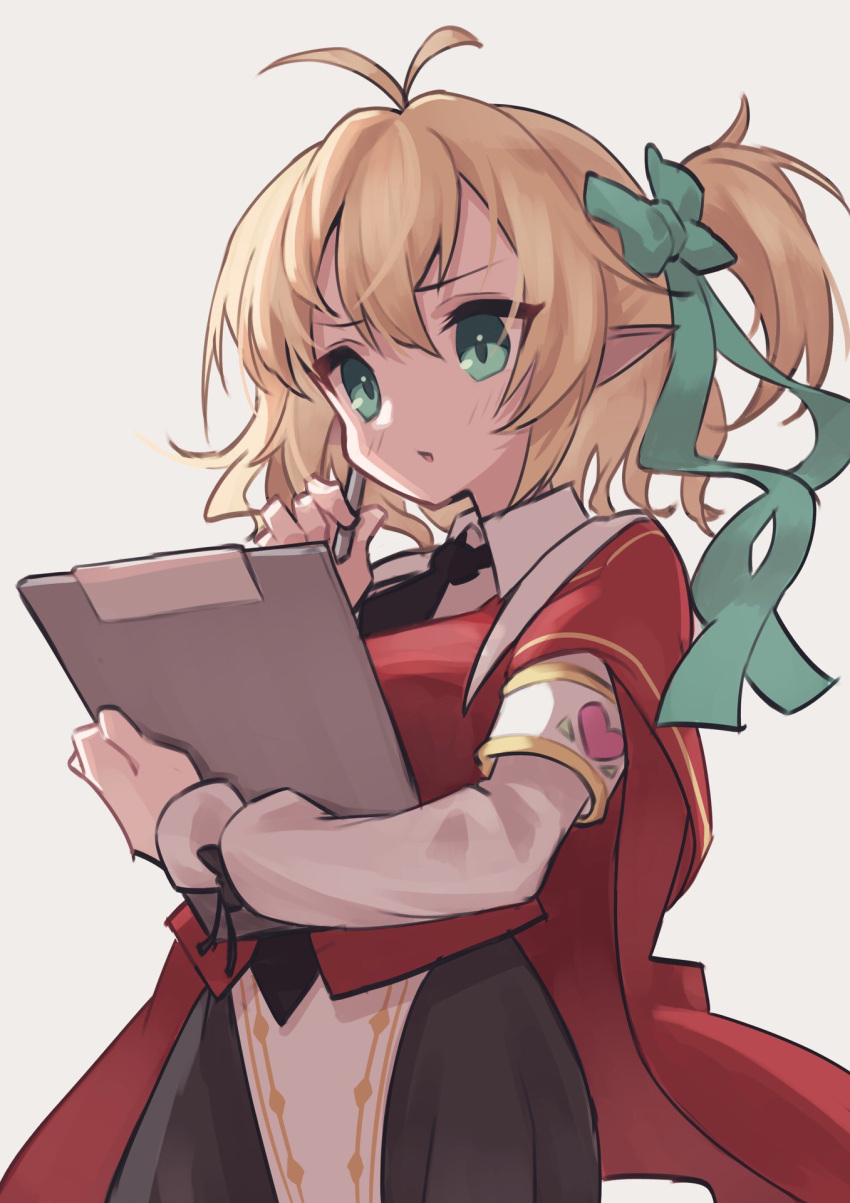 1girl, antenna_hair, armband, bangs, black_necktie, black_skirt, blonde_hair, blush