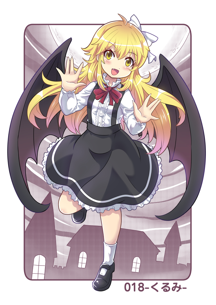 1girl, bat_wings, black_skirt, blonde_hair, bow, colonel_aki, commentary_request, fang