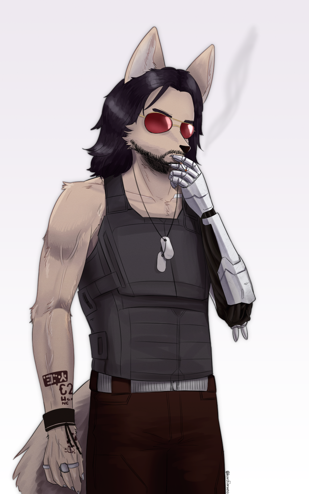 1boy, animal_ears, animal_nose, arm_at_side, arm_tattoo, artist_name, aviator_sunglasses, bare_shoulders