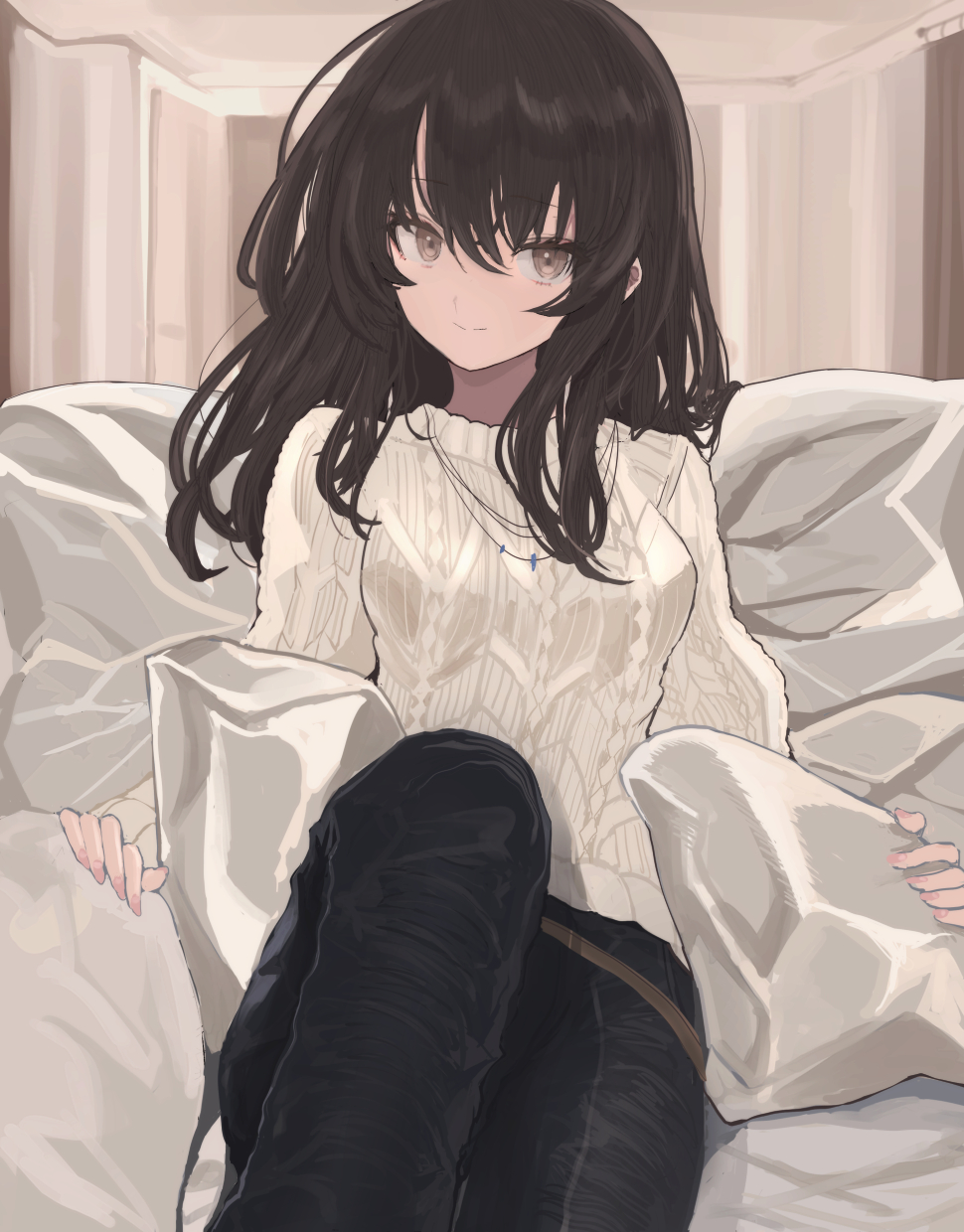 1girl, bangs, bed_sheet, black_pants, brown_eyes, brown_hair, closed_mouth, hair_between_eyes