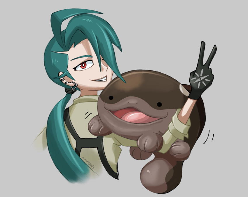 1girl, ahoge, awesomegoats, bangs, black_gloves, bright_pupils, clodsire, earrings, gloves, green_hair, grey_background, grin, hand_up, highres, jewelry, long_hair, looking_back, non-web_source, pokemon, pokemon_(creature), pokemon_(game), pokemon_on_arm, pokemon_sv, ponytail, red_eyes, rika_(pokemon), self_upload, shirt, signature, smile, teeth, v, white_pupils