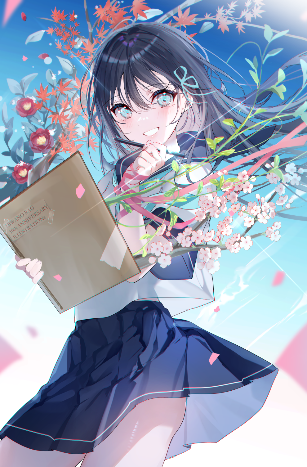 1girl, aqua_ascot, aqua_eyes, aqua_ribbon, bangs, black_hair, blue_sailor_collar, blue_skirt, blue_sky, blush, book, clear_sky, clothes_lift, commentary_request, cowboy_shot, day, flower, hair_ribbon, highres, holding, holding_book, holding_stylus, looking_at_viewer, miwano_rag, open_mouth, original, outdoors, pink_flower, plant, pleated_skirt, red_flower, red_rose, ribbon, rose, sailor_collar, school_uniform, shiny, shiny_hair, shirt, short_sleeves, sidelocks, skirt, skirt_lift, sky, smile, solo, standing, stylus, sunlight, white_shirt, wind