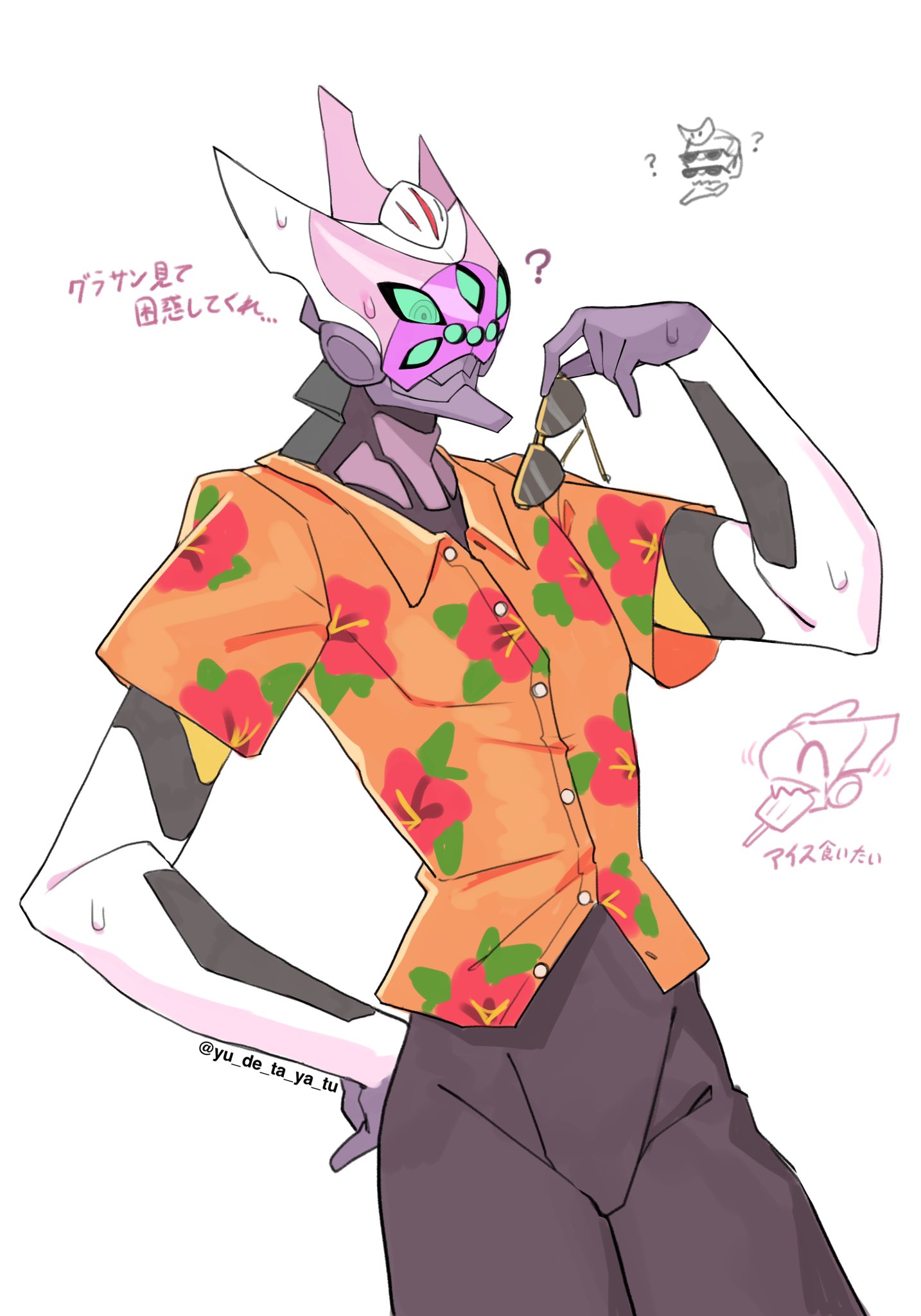 ?, azu_(yu_de_ta_ya_tu), black_pants, clothed_robot, eva_08, evangelion:_3.0_you_can_(not)_redo, evangelion_(mecha), green_eyes, hawaiian_shirt, highres, holding, holding_eyewear, looking_down, mecha, neon_genesis_evangelion, no_humans, orange_shirt, pants, print_shirt, rebuild_of_evangelion, robot, science_fiction, shirt, simple_background, solo, sunglasses, translation_request, twitter_username, white_background