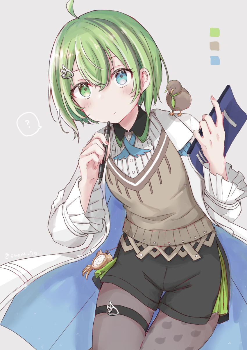 1girl, absurdres, ahoge, blue_eyes, green_eyes, green_hair, heterochromia, highres