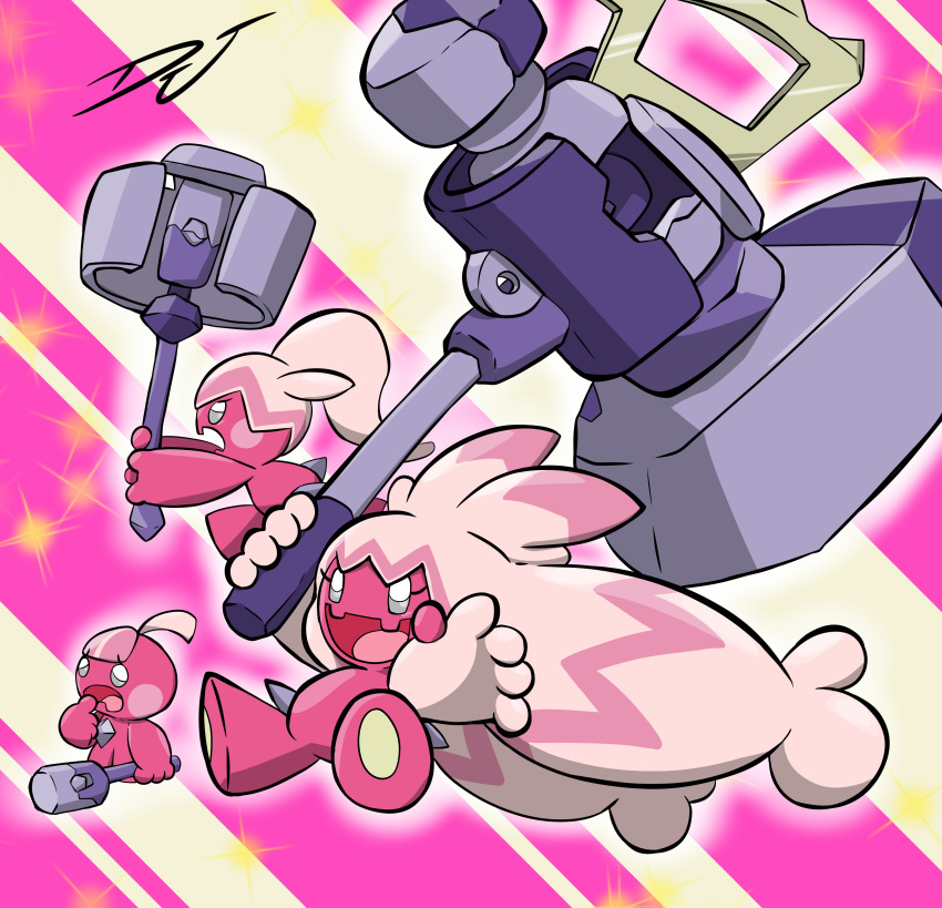 3girls, absurdres, artist_name, blush_stickers, colored_skin, evolutionary_line, hammer, highres
