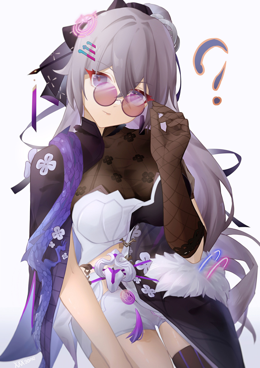 1girl, ?, absurdres, bangs, bronya_zaychik, bronya_zaychik_(silverwing:_n-ex), brown_gloves, brown_thighhighs, china_dress, chinese_clothes, closed_mouth, dress, glasses, gloves, grey_eyes, grey_hair, hair_ornament, hamilundenongdizhe, highres, honkai_(series), honkai_impact_3rd, long_hair, looking_at_viewer, simple_background, single_glove, single_thighhigh, solo, thigh-highs, white_background