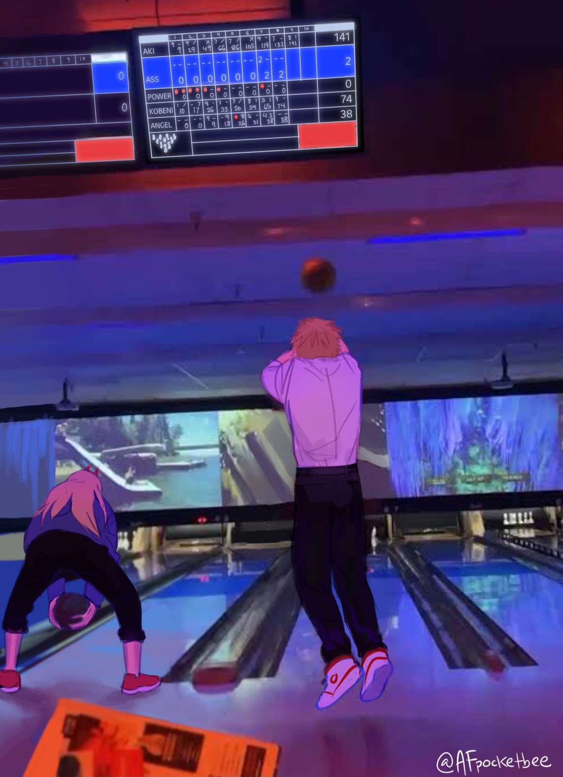 1boy, 1girl, ball, black_pants, blonde_hair, blue_jacket, bowl, bowling_alley