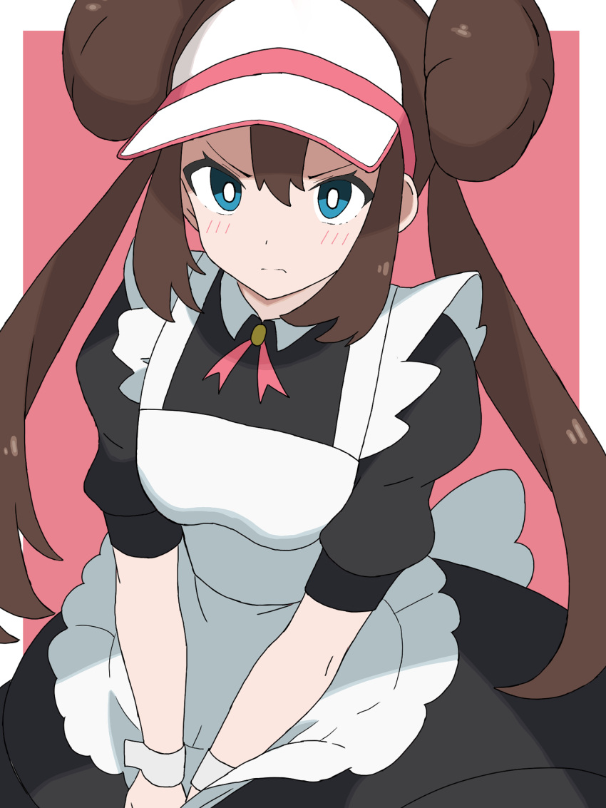 1girl, alternate_costume, apron, bangs, black_dress, blue_eyes, blush, breasts