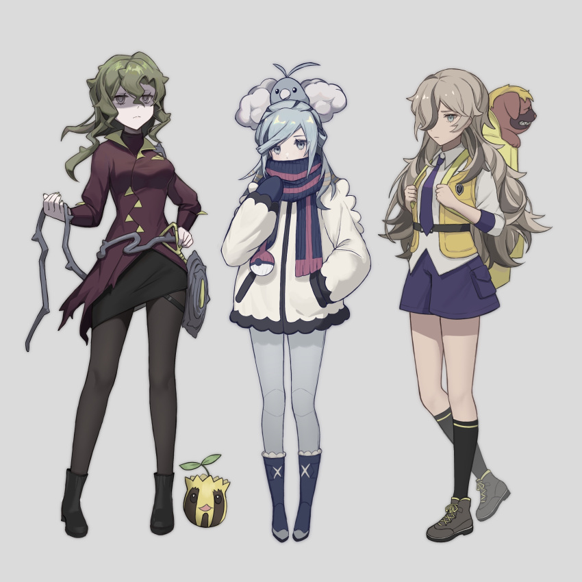 3girls, absurdres, arven_(pokemon), backpack, bag, bangs, black_footwear, black_skirt