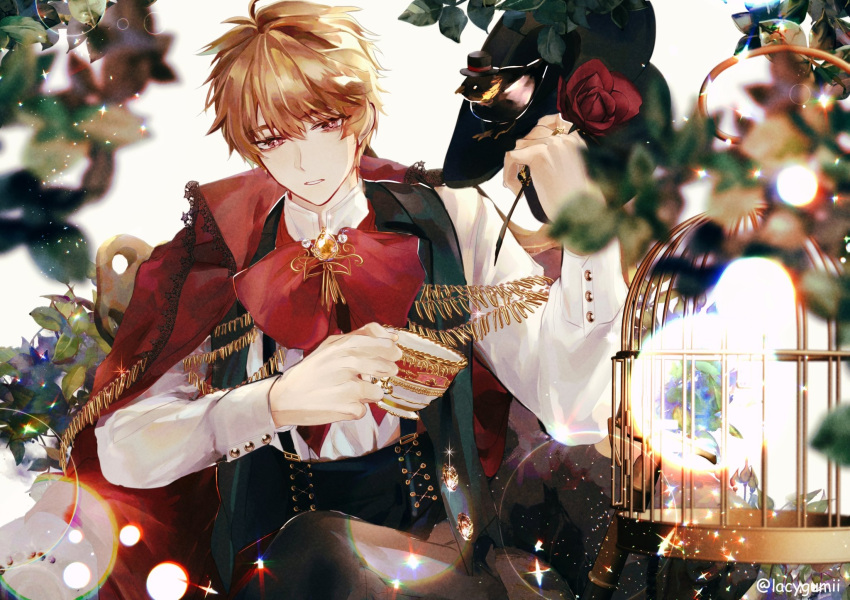 1boy, bangs, birdcage, bow, bowtie, brown_eyes, brown_hair, cage, cape, christmas, cup, flower, green_vest, highres, holding, holding_cup, holding_flower, lacyy, long_sleeves, looking_at_viewer, luke_pearce_(tears_of_themis), male_focus, merry_christmas, parted_lips, red_bow, red_bowtie, red_cape, red_flower, red_rose, rose, shirt, short_hair, solo, teacup, tears_of_themis, vest, white_shirt