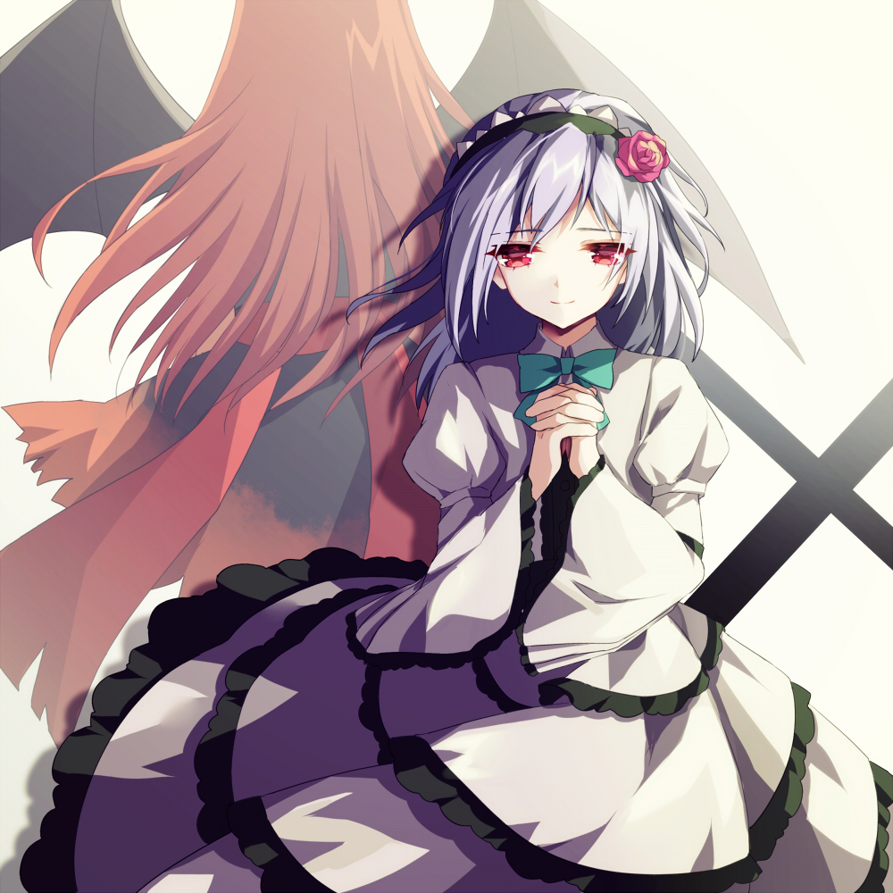2girls, akinomiya_asuka, aqua_ribbon, bat_wings, black_hairband, collared_dress, commentary_request, dress