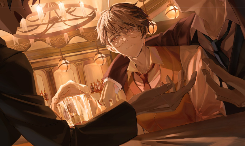 3boys, :d, alcohol, bangs, bar_(place), black_shirt, black_vest, blue_necktie