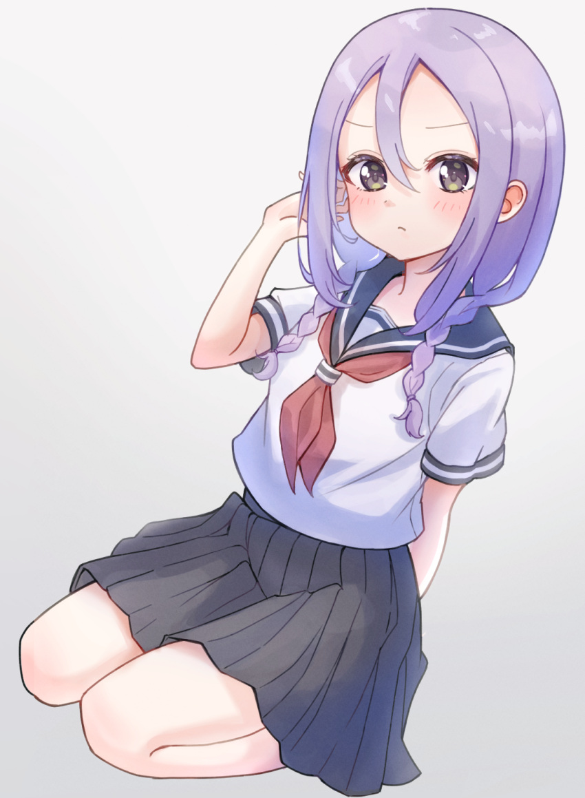 1girl, bangs, blush, braid, closed_mouth, commentary_request, full_body, grey_background