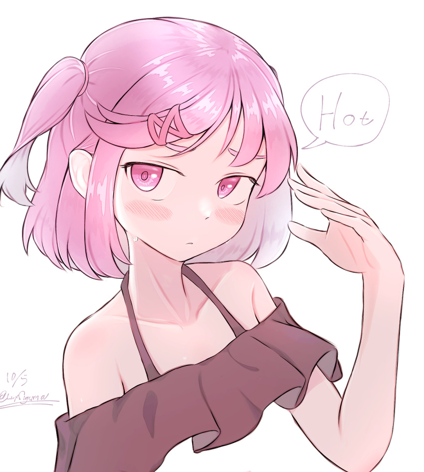 :<, artist_name, bangs, bare_shoulders, black_shirt, blush, blush_stickers, bob_cut