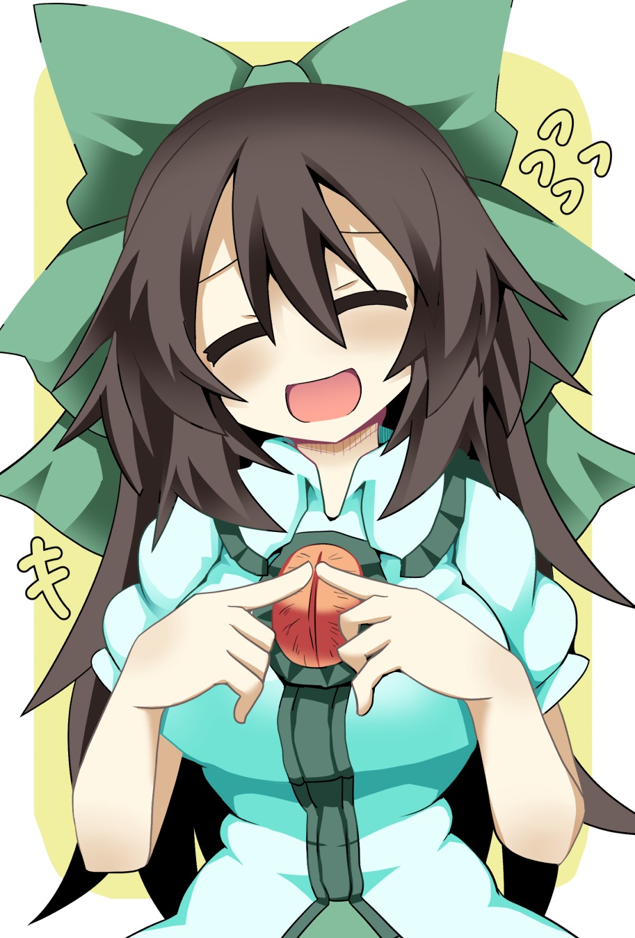 1girl, :d, bangs, black_hair, bow, breasts, closed_eyes, collarbone