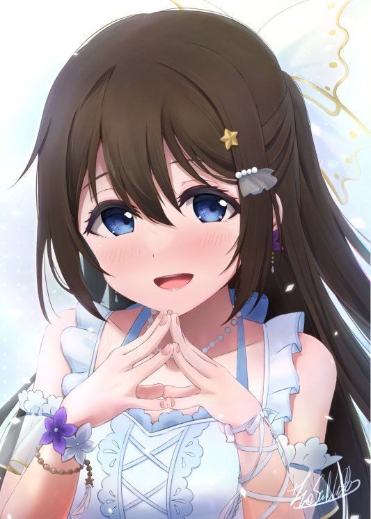 1girl, :d, anata_no_risou_no_heroine, arm_garter, bangs, blue_dress, blue_eyes, blush
