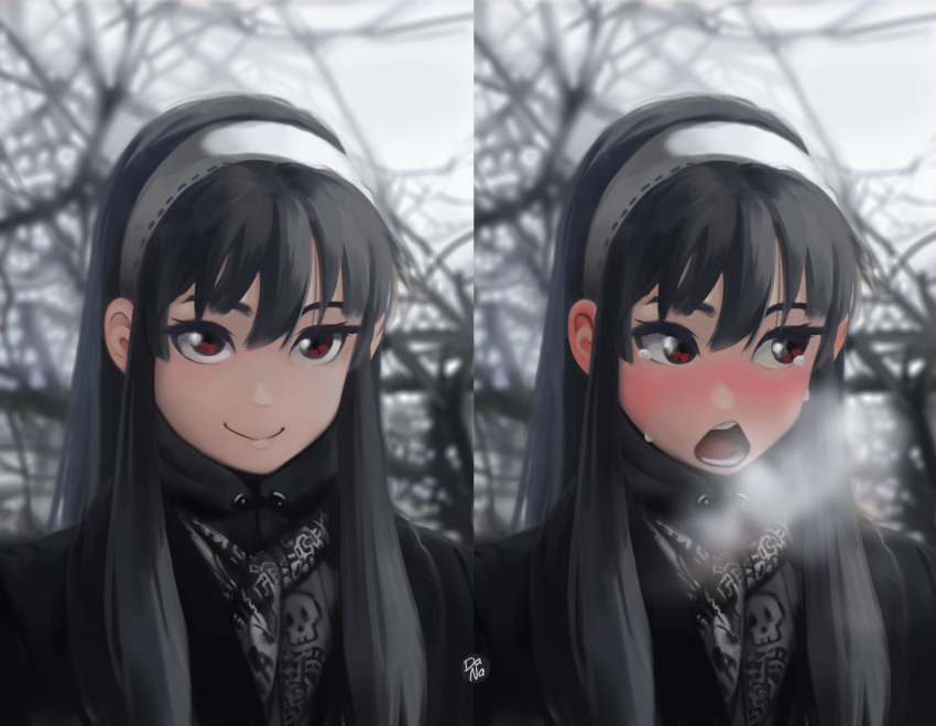 1girl, bangs, bare_tree, black_coat, black_hair, black_jacket, blush, coat
