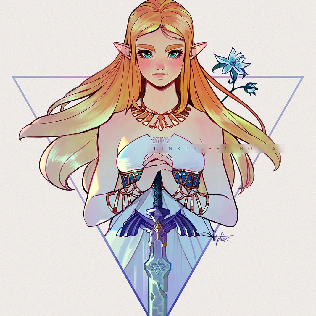 1girl, aqua_eyes, bangs, bare_shoulders, blonde_hair, blue_flower, blush, bracer, breasts, dress, flower, gold_necklace, holding, holding_sword, holding_weapon, jewelry, long_dress, long_hair, looking_at_viewer, medium_breasts, mole, mole_under_eye, necklace, parted_bangs, pointy_ears, portrait, princess_zelda, sidelocks, silent_princess, solo, strapless, strapless_dress, sword, the_legend_of_zelda, the_legend_of_zelda:_breath_of_the_wild, thick_eyebrows, tholia_bentz, upper_body, weapon, web_address, white_dress
