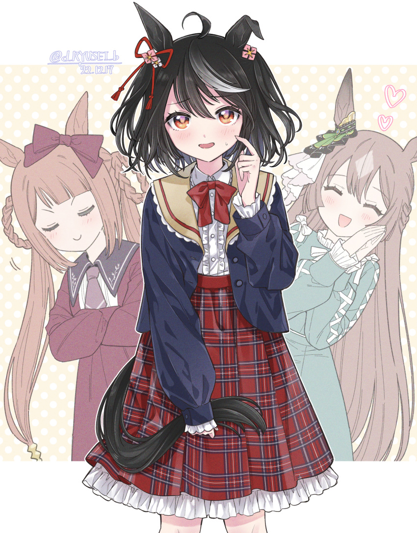 3girls, ^_^, ahoge, alternate_costume, animal_ears, bangs, black_hair, blue_jacket