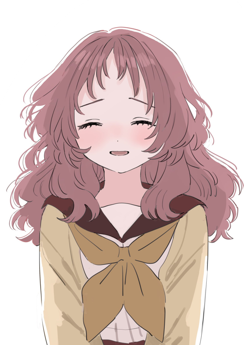 1girl, blush, brown_hair, brown_neckerchief, brown_sailor_collar, closed_eyes, forehead, fujichika_koume