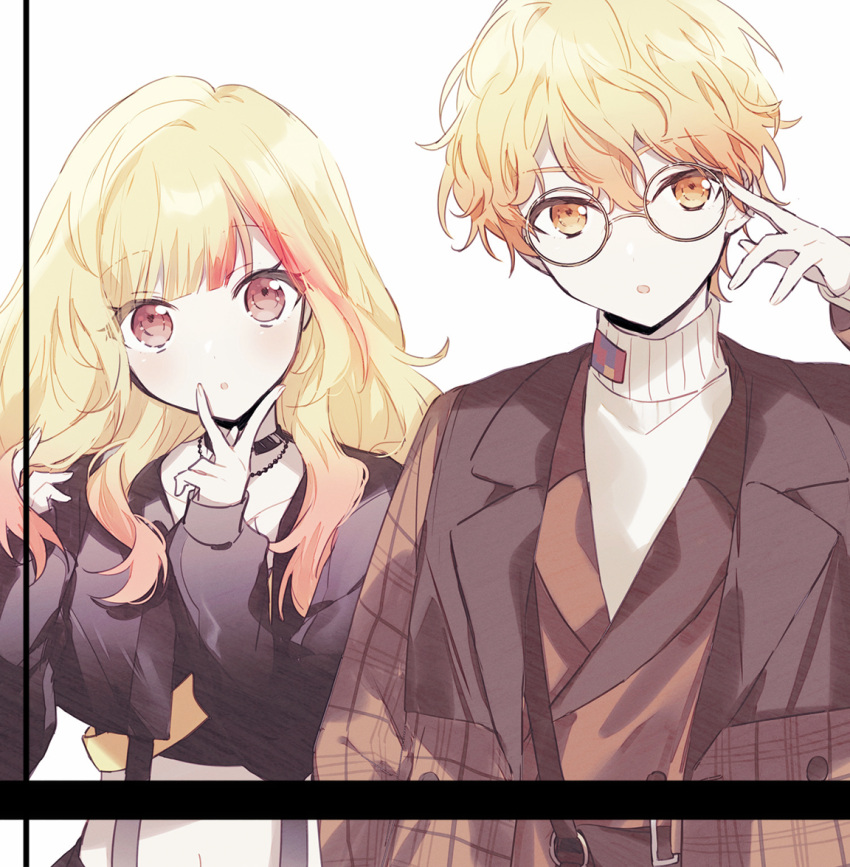 1boy, 1girl, adjusting_eyewear, black_choker, black_shirt, blonde_hair, brown_bag, brown_coat