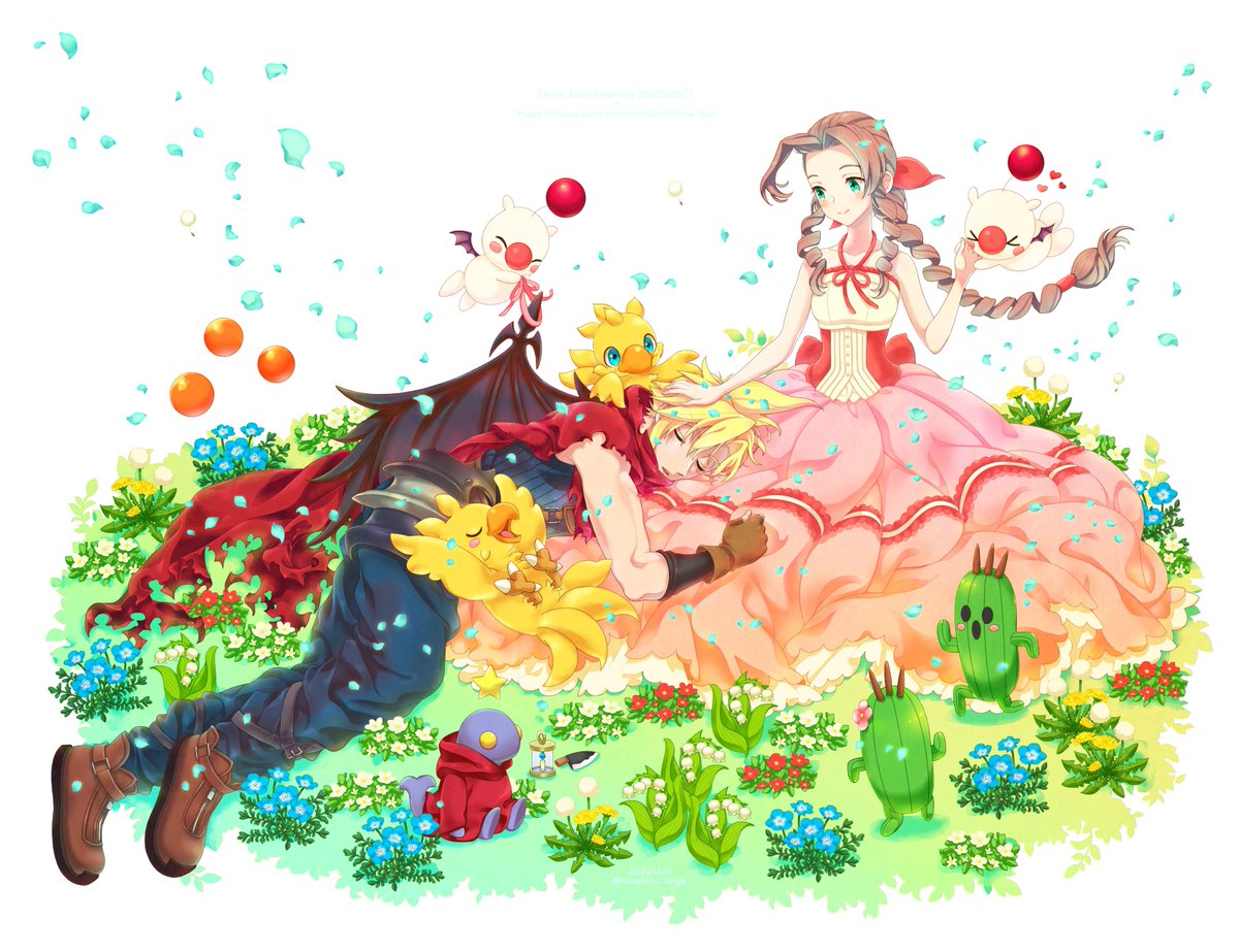 1boy, 1girl, 39cva, aerith_gainsborough, bangs, bare_arms, bare_shoulders, black_wings