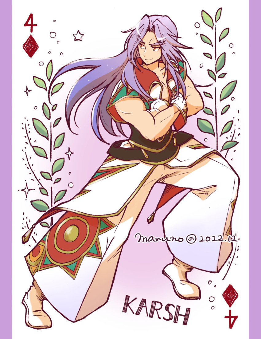 1boy, bangs, boots, character_name, chrono_cross, collared_shirt, crossed_arms, full_body, gloves, highres, karsh_(chrono_cross), long_bangs, long_hair, looking_back, looking_to_the_side, male_focus, maruno, muscular, muscular_male, pants, parted_bangs, playing_card_theme, print_pants, purple_hair, red_eyes, shirt, sleeveless, sleeveless_shirt, solo, twitter_username, waist_cape, white_footwear, white_gloves, white_pants