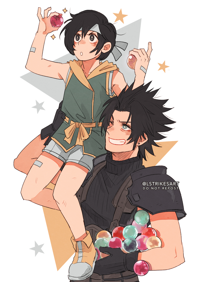 1boy, 1girl, armor, bandaid, bandaid_on_arm, bandaid_on_leg, bangs, black_gloves, black_hair, blue_eyes, blush, crisis_core_final_fantasy_vii, female_child, final_fantasy, final_fantasy_vii, gloves, grey_eyes, grey_shorts, grin, hair_between_eyes, hair_slicked_back, headband, lightningstrikes, materia, one_eye_closed, parted_bangs, parted_lips, shirt, short_hair, shorts, shoulder_armor, sitting_on_shoulder, sleeveless, sleeveless_shirt, sleeveless_turtleneck, smile, sparkle, suspenders, turtleneck, twitter_username, upper_body, white_background, yuffie_kisaragi, zack_fair