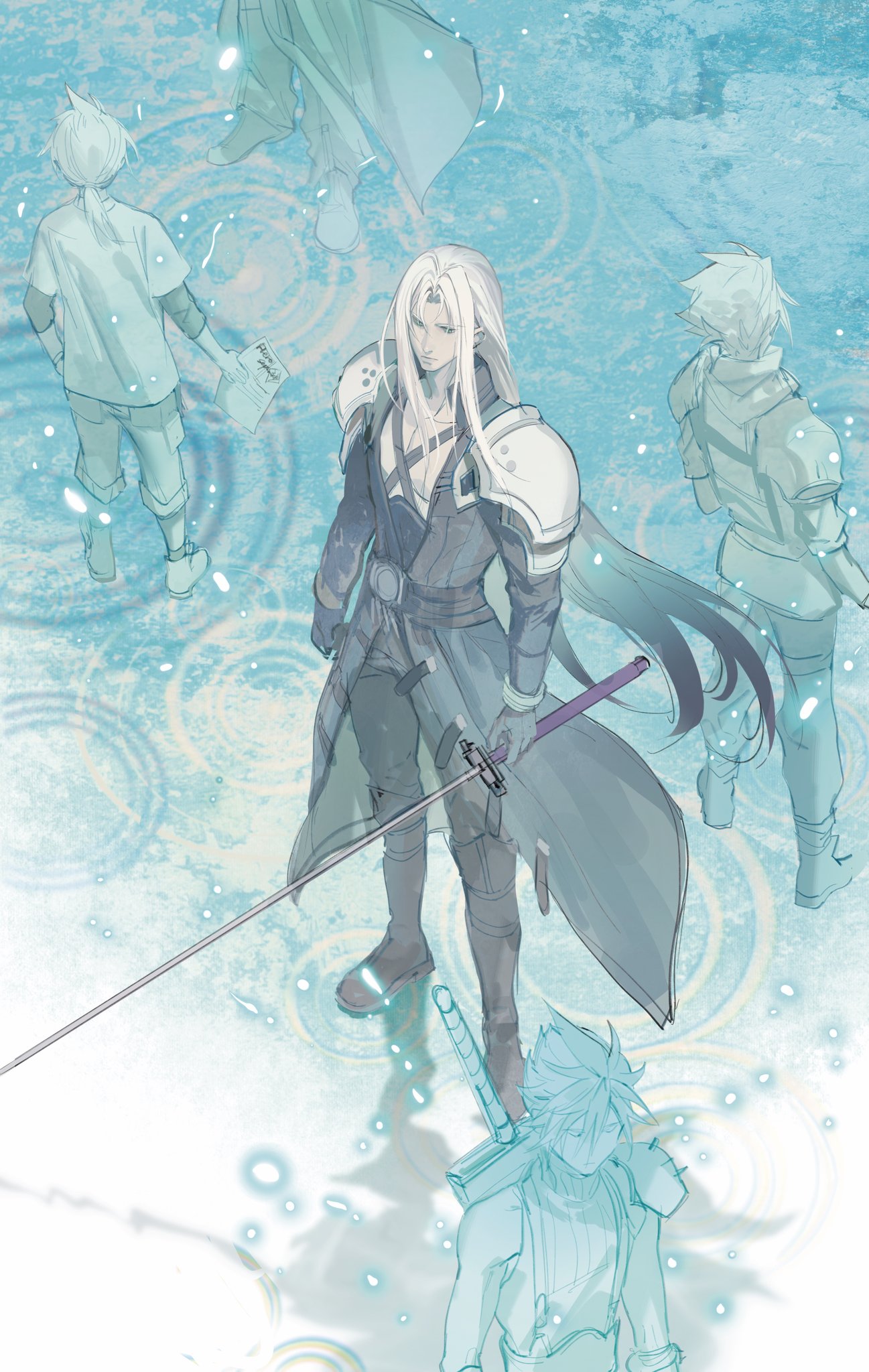 aged_down, armor, bangs, black_gloves, black_jacket, black_pants, boots, buster_sword, chest_strap, cloud_strife, crisis_core_final_fantasy_vii, final_fantasy, final_fantasy_vii, final_fantasy_vii_advent_children, final_fantasy_vii_remake, full_body, gloves, grey_hair, highres, holding, holding_sword, holding_weapon, jacket, katana, knee_boots, long_bangs, long_hair, long_jacket, long_sleeves, low_ponytail, male_focus, masamune_(ff7), multiple_boys, pants, parted_bangs, pauldrons, scarf, sephiroth, short_hair, shoulder_armor, spiky_hair, standing, sword, sword_on_back, weapon, weapon_on_back, xianyu314