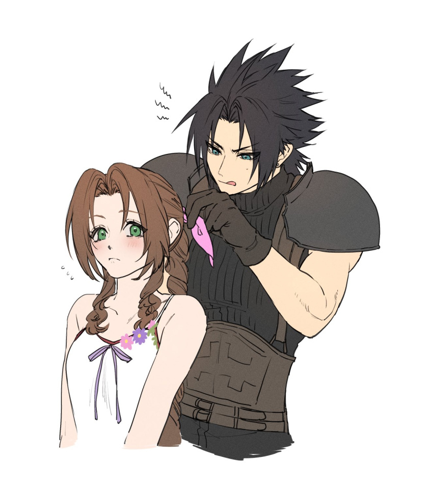 1boy, 1girl, aerith_gainsborough, ah_yoshimizu, armor, bangs, bare_shoulders, belt