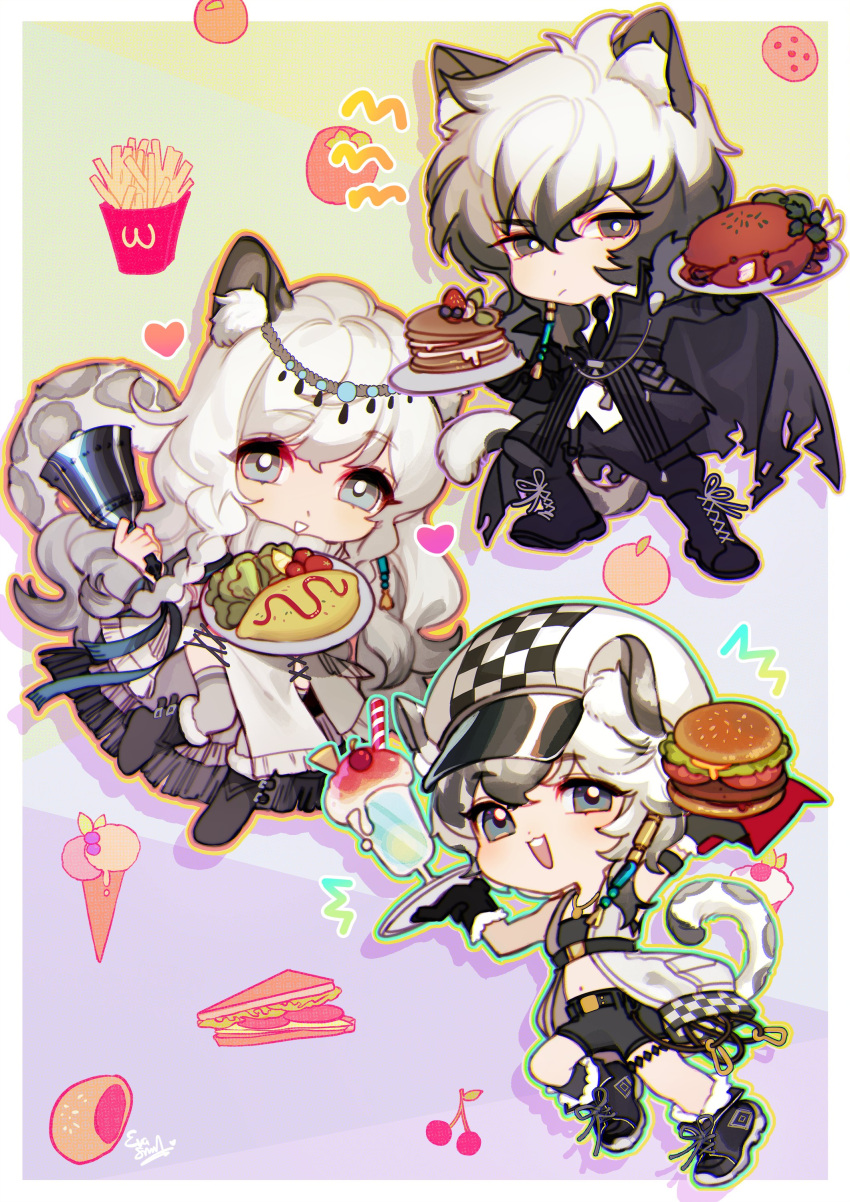 1boy, 2girls, absurdres, animal_ears, black_cape, black_eyes, black_footwear, black_pants