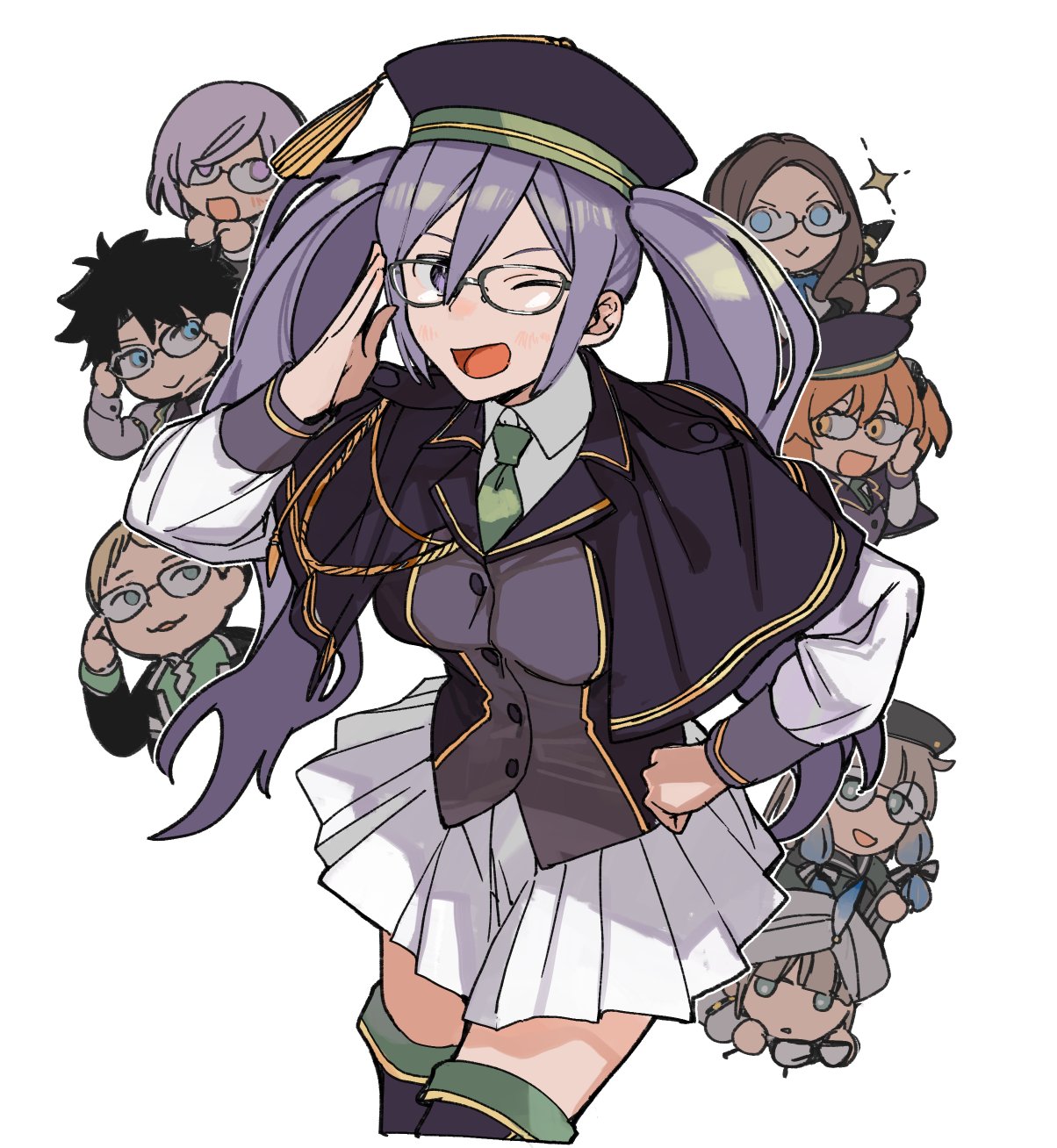 4boys, 4girls, adjusting_eyewear, atlas_academy_uniform, bangs, black_hair, black_headwear, blonde_hair