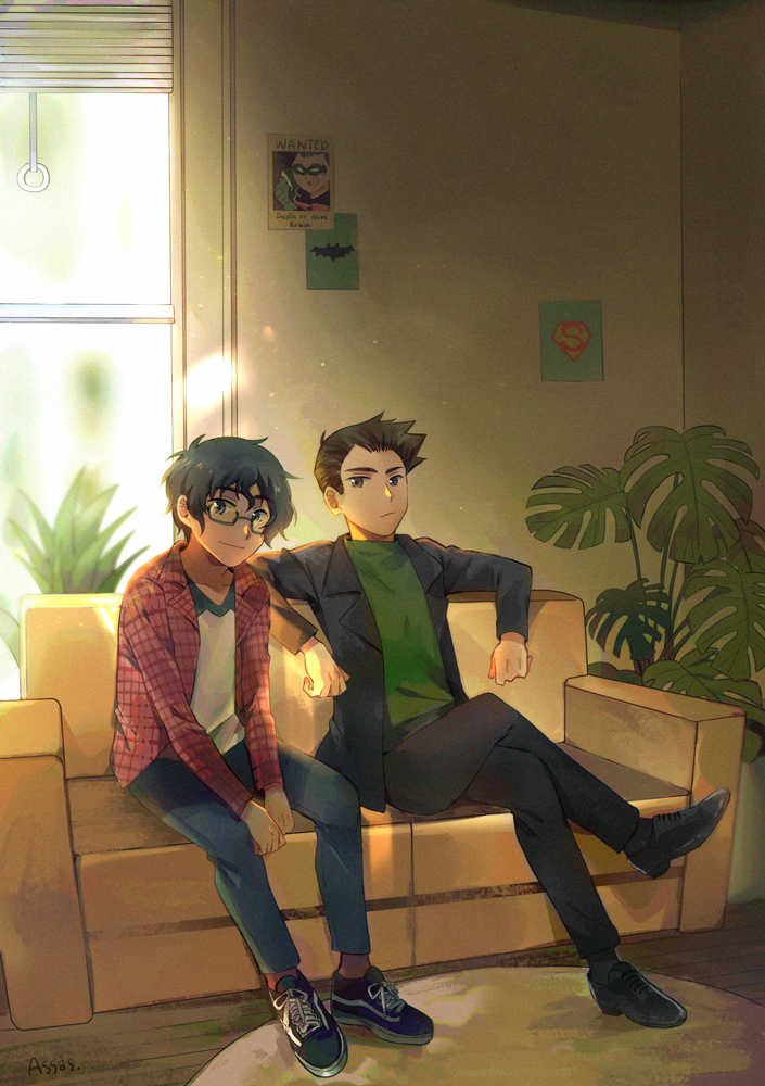 2boys, 9cups, black_footwear, black_hair, black_pants, black_socks, blue_pants, couch
