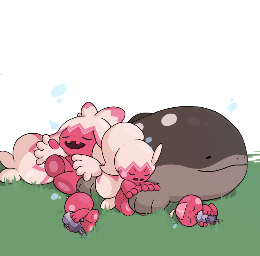 bubble, clodsire, closed_eyes, closed_mouth, commentary_request, evolutionary_line, grass, highres