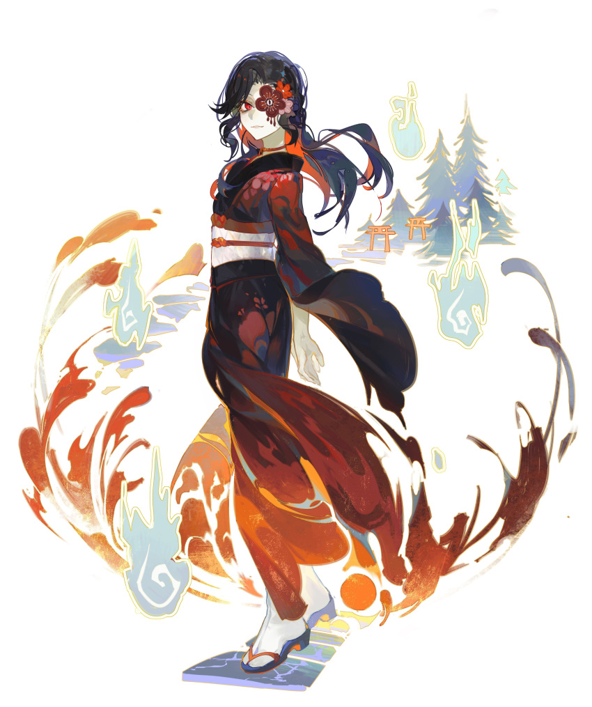 1girl, absurdres, black_hair, black_kimono, closed_mouth, colored_inner_hair, commentary, fire, flower, flower_eyepatch, forest, full_body, genshin_impact, geta, hanyuuda_chizuru, highres, hitodama, japanese_clothes, kimono, long_hair, long_sleeves, looking_at_viewer, multicolored_hair, n0kio, nature, obi, obiage, obijime, pale_skin, red_eyes, red_flower, redhead, sash, solo, tabi, torii, white_sash, wide_sleeves