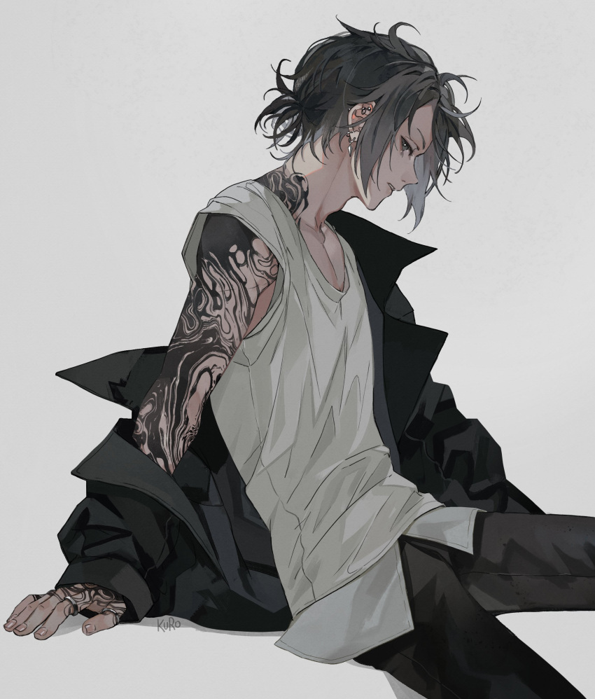 1boy, absurdres, arm_support, arm_tattoo, black_eyes, black_hair, black_jacket, black_pants