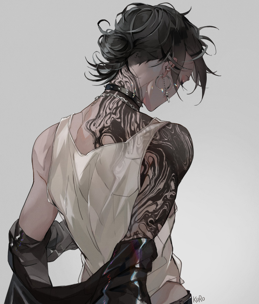 1boy, absurdres, artist_name, bare_shoulders, black_choker, black_hair, black_jacket, chain_necklace