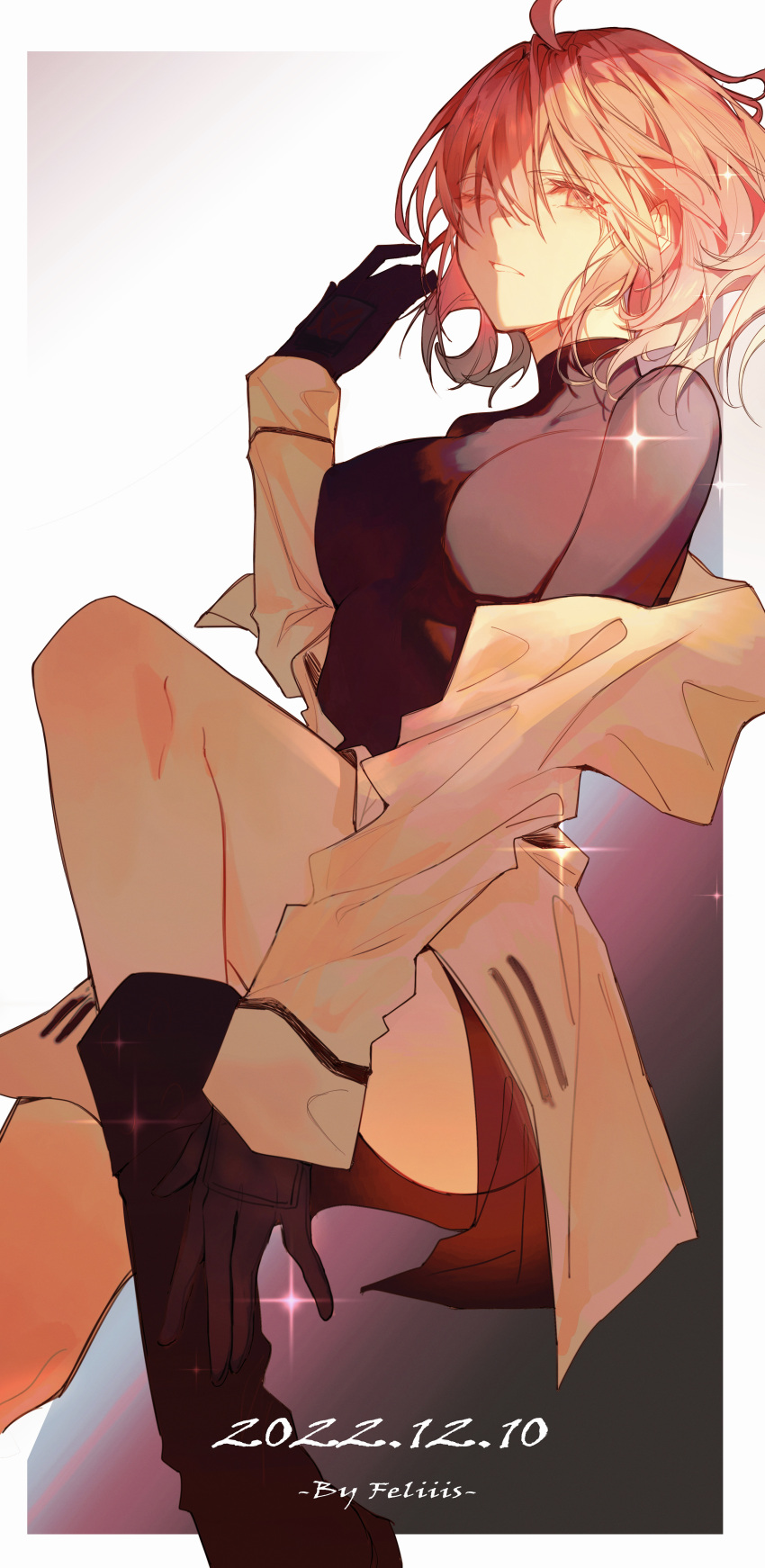 1girl, 2022, absurdres, ahoge, artist_name, black_footwear, black_gloves, black_shirt