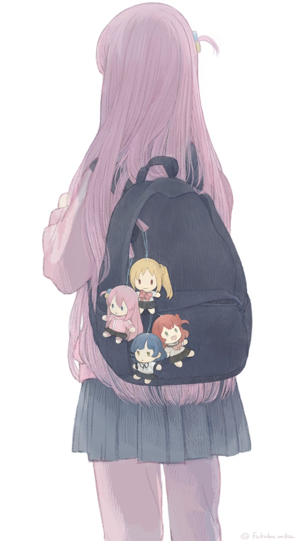1girl, backpack, bag, black_bag, bocchi_the_rock!, cube_hair_ornament, fukaba_mika, gotou_hitori, hair_ornament, highres, jacket, keychain, long_hair, long_sleeves, looking_away, one_side_up, pink_hair, pink_jacket, pleated_skirt, skirt, solo, track_jacket, very_long_hair