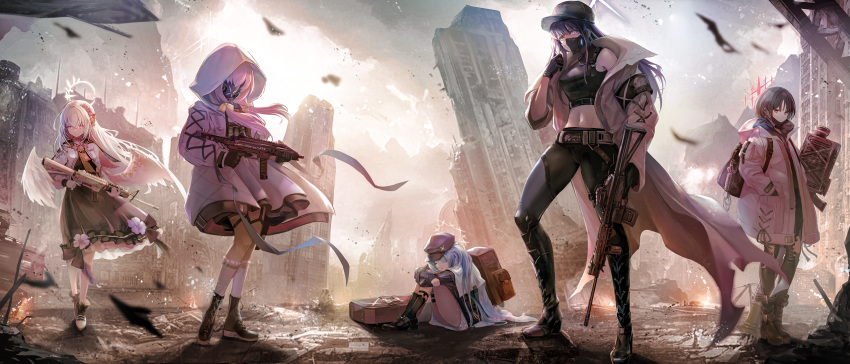 5girls, angel_wings, assault_rifle, atsuko_(blue_archive), azusa_(blue_archive), backpack, bag, bangs